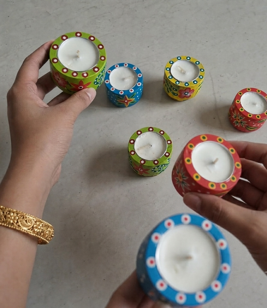 Hand-Painted Wooden Candle Holder with Candle
