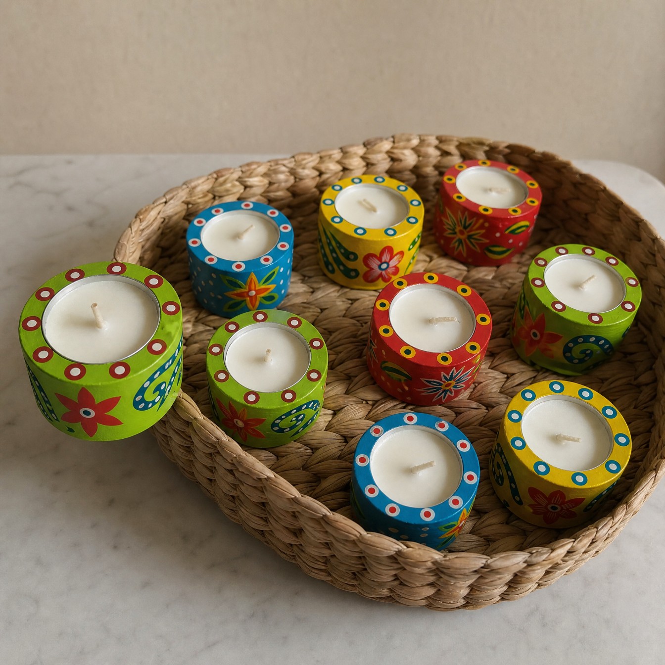 Hand-Painted Wooden Candle Holder with Candle